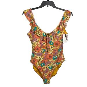 Jessica Simpson Floral Rendevous Ruffled-neck Swimsuit L